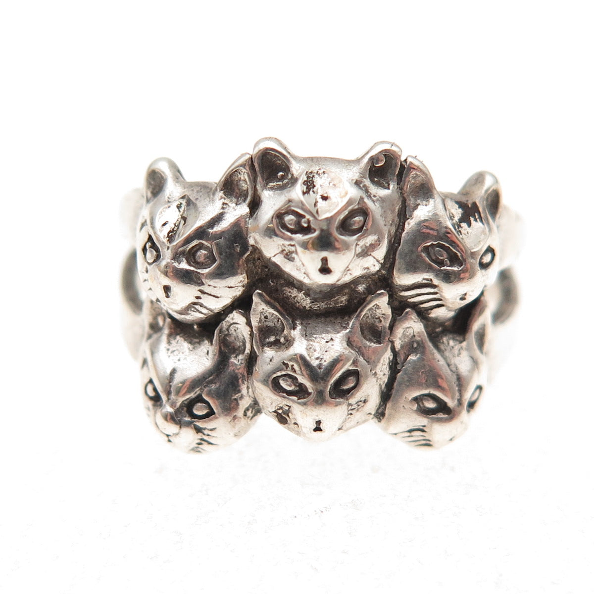 Shube 925 Sterling Silver Vintage Six Cats Oxidized Ring Size 4.25