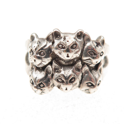 Shube 925 Sterling Silver Vintage Six Cats Oxidized Ring Size 4.25