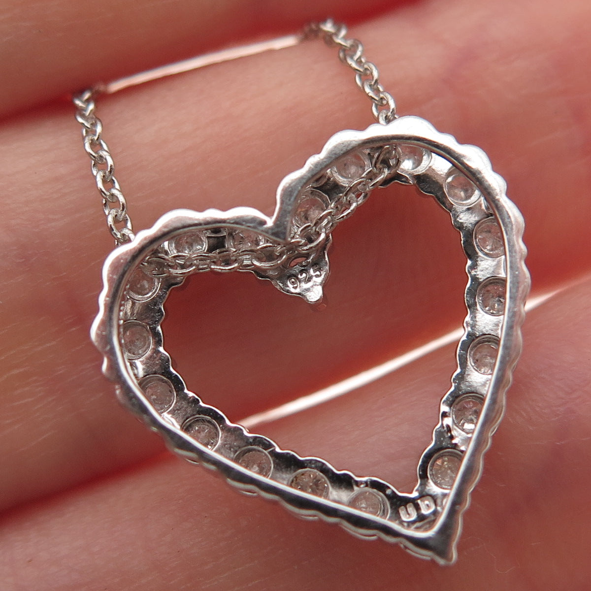 925 Sterling Silver Real Round-Cut Diamond Heart Cable Chain Necklace 18"