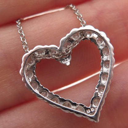 925 Sterling Silver Real Round-Cut Diamond Heart Cable Chain Necklace 18"
