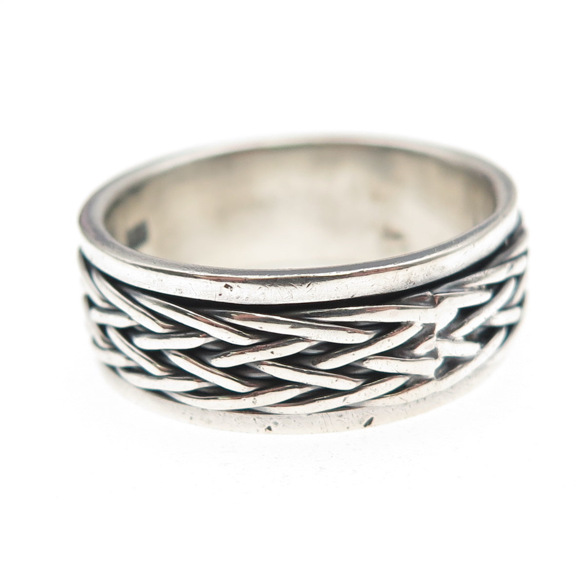 925 Sterling Silver Vintage Braided Oxidized Rotating Band Ring Size 13