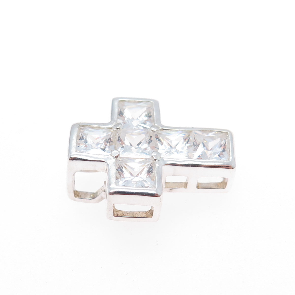 925 Sterling Silver Princess-Cut C Z Cross Minimalist Slide Charm Pendant