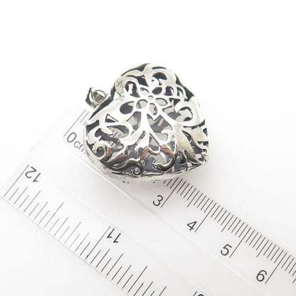 925 Sterling Silver Vintage Ornate Puffy Heart 3D Pendant