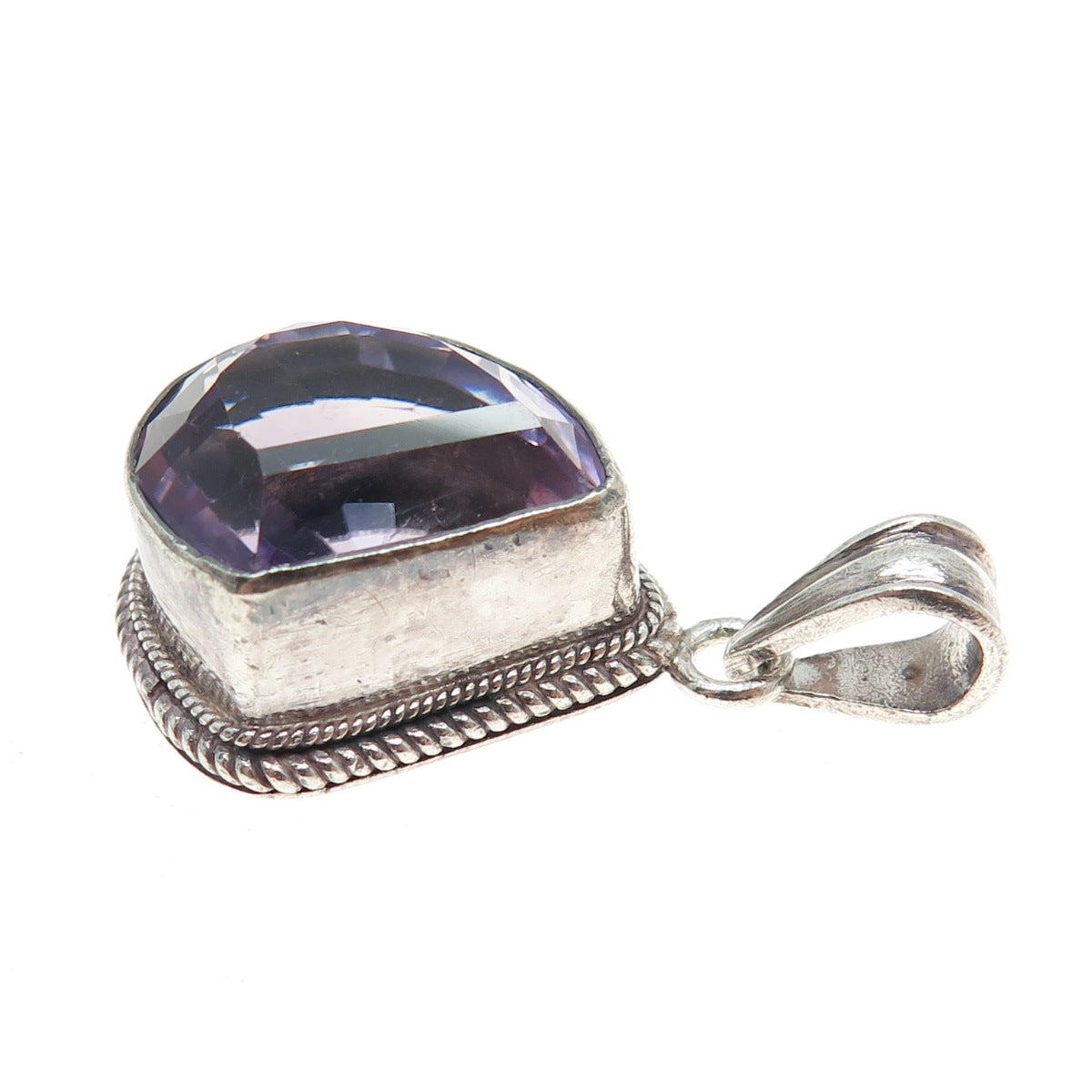 925 Sterling Silver Vintage Real Amethyst Modernist Pendant