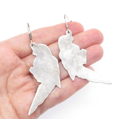 925 Sterling Silver Vintage Mexico Real Turquoise Inlay Parrot Dangle Earrings