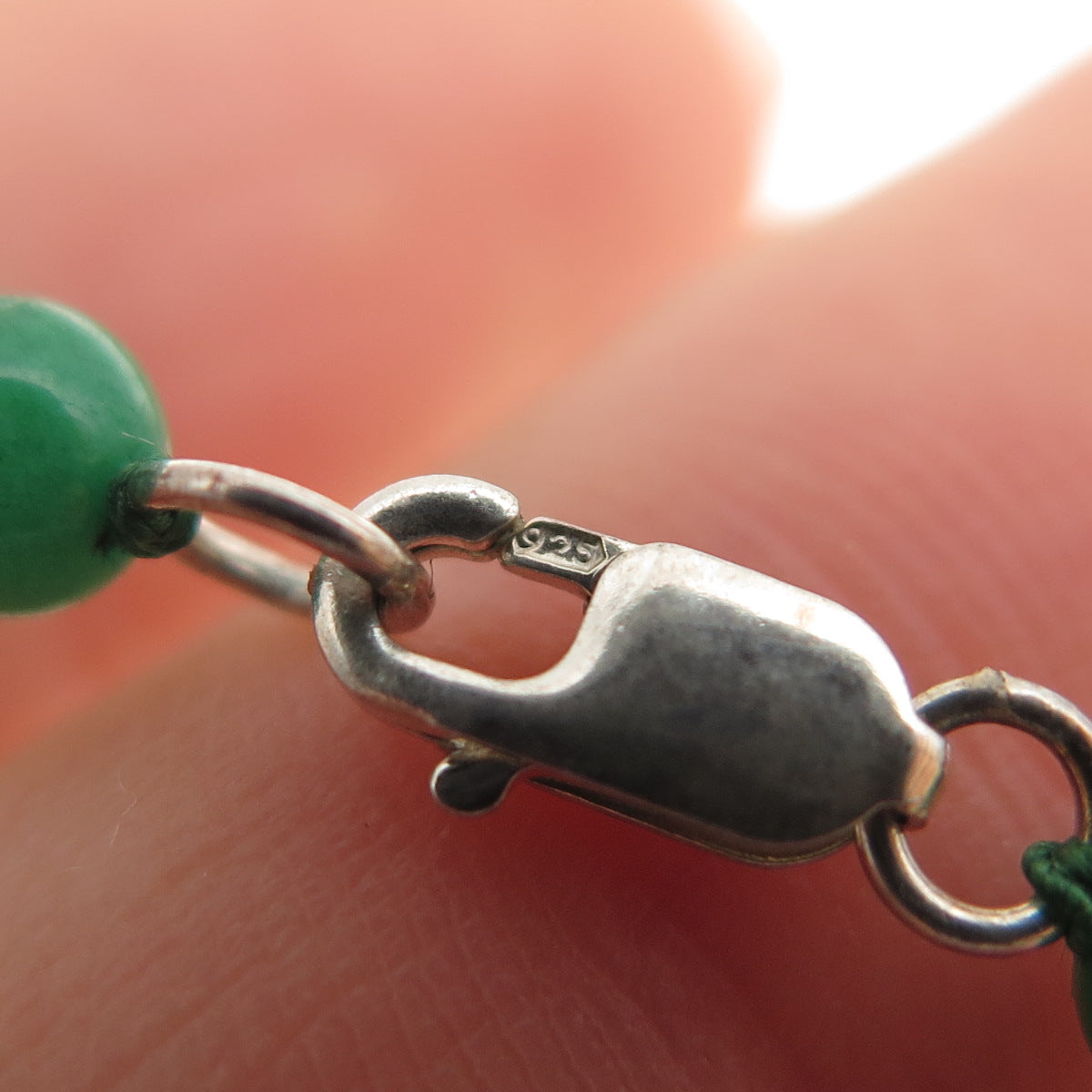 LUCKY 925 Sterling Silver Vintage Green Onyx Enamel Pressed Clover Necklace 16"