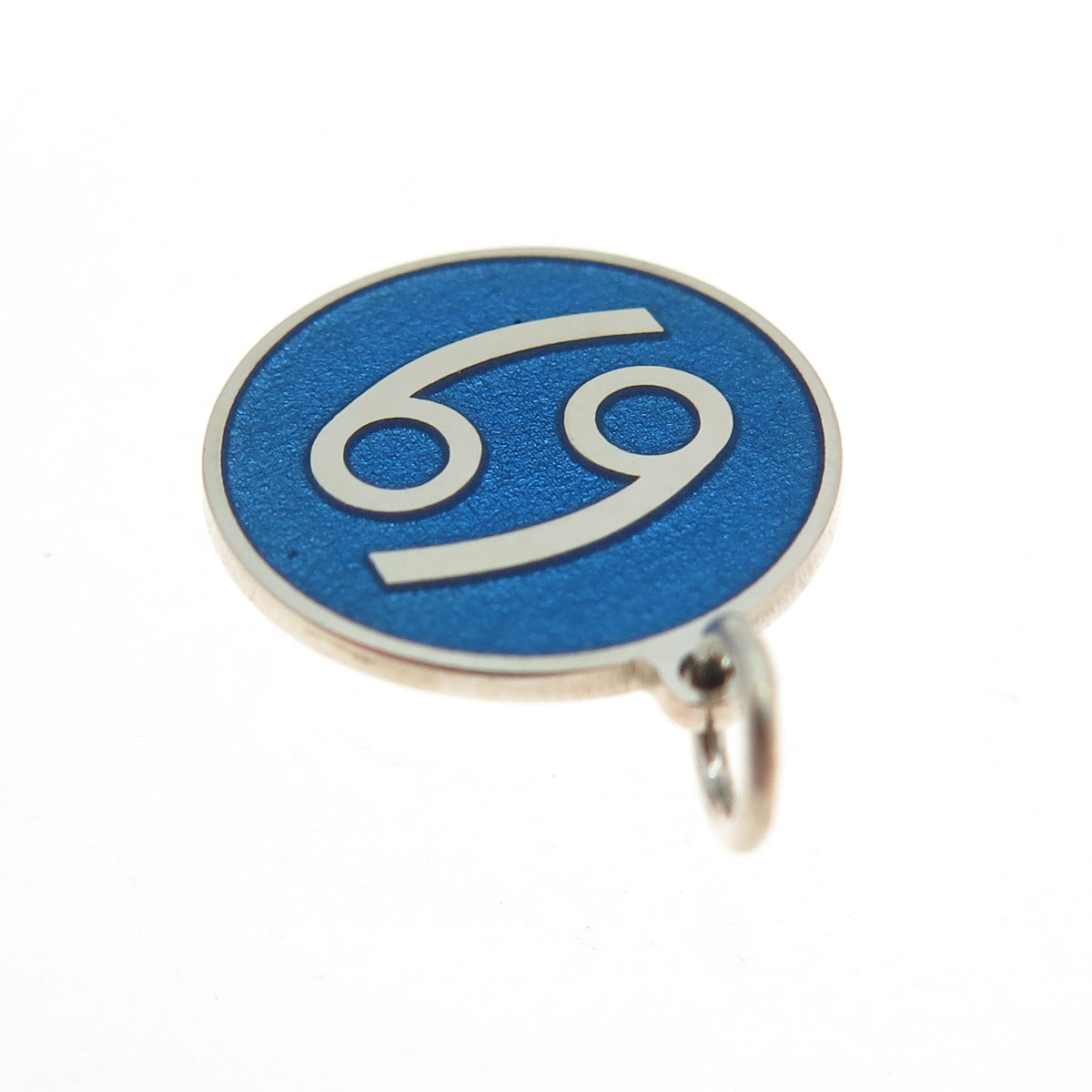 925 Sterling Silver Blue Enamel Cancer Zodiac Round Tag Minimalist Charm Pendant