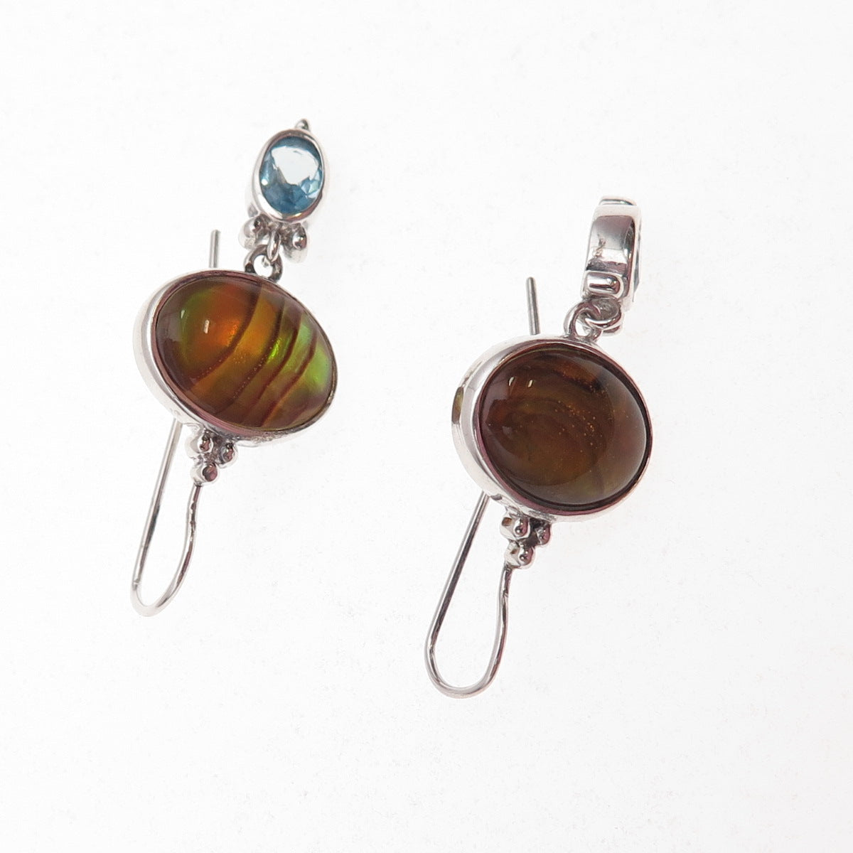 925 Sterling Silver Vintage Real Blue Topaz & Abalone Shell Dangle Earrings