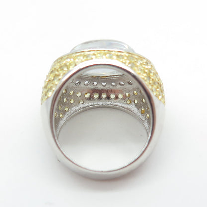 925 Sterling Silver Clear Quartz Canary & White C Z Dome Ring Size 6