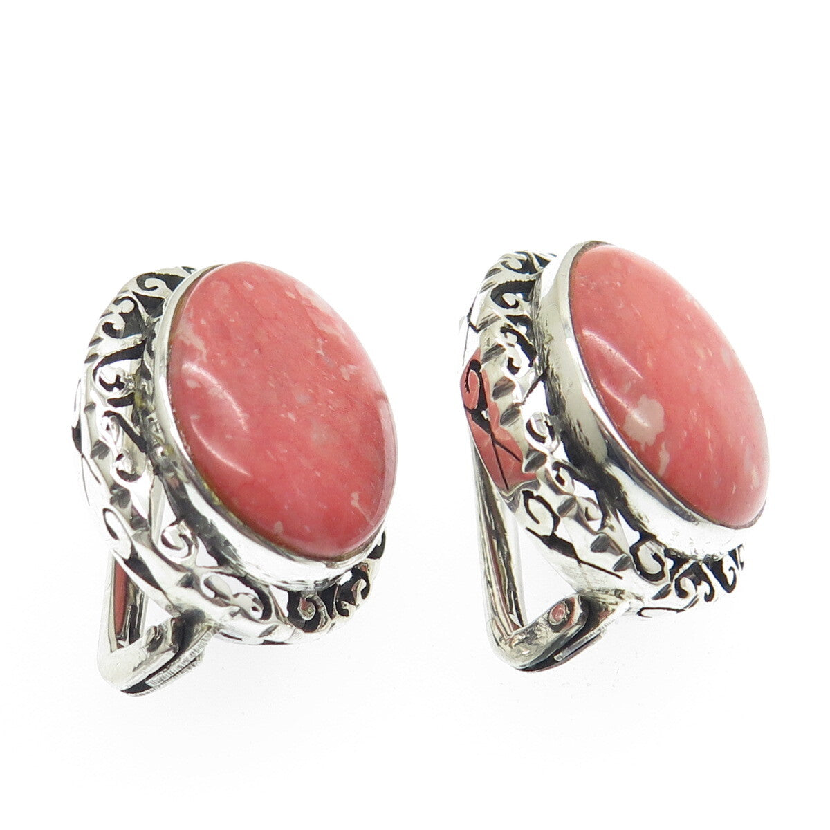 925 Sterling Silver Vintage Real Rhodochrosite Gem Ornate Frame Earrings