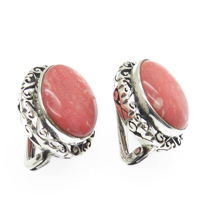 925 Sterling Silver Vintage Real Rhodochrosite Gem Ornate Frame Earrings