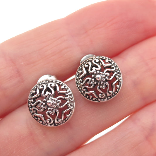 925 Sterling Silver Vintage Heart Cross Disc Oxidized Stud Earrings