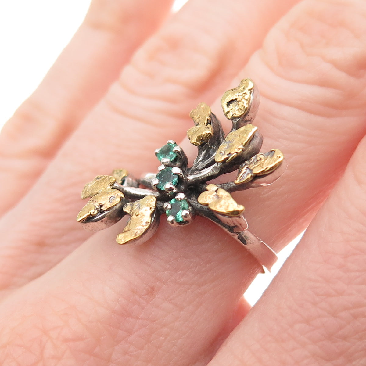925 Sterling Silver 14K Gold Vintage Real Emerald Modernist Ring Size 6