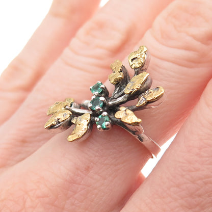 925 Sterling Silver 14K Gold Vintage Real Emerald Modernist Ring Size 6