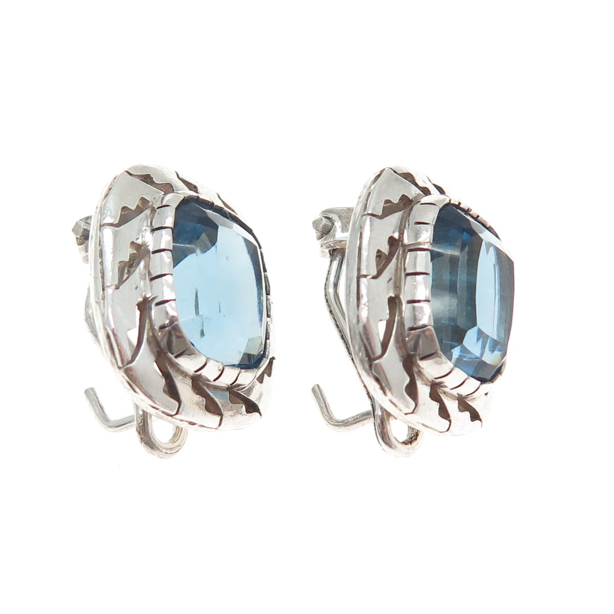 925 Sterling Silver Vintage Mexico Cushion-Cut Blue C Z Omega Back Earrings