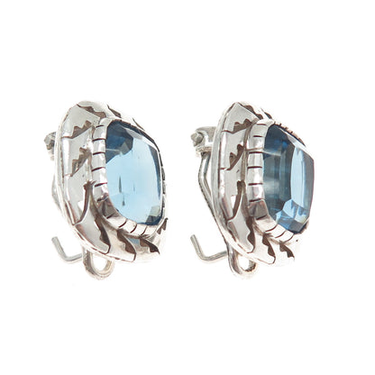 925 Sterling Silver Vintage Mexico Cushion-Cut Blue C Z Omega Back Earrings