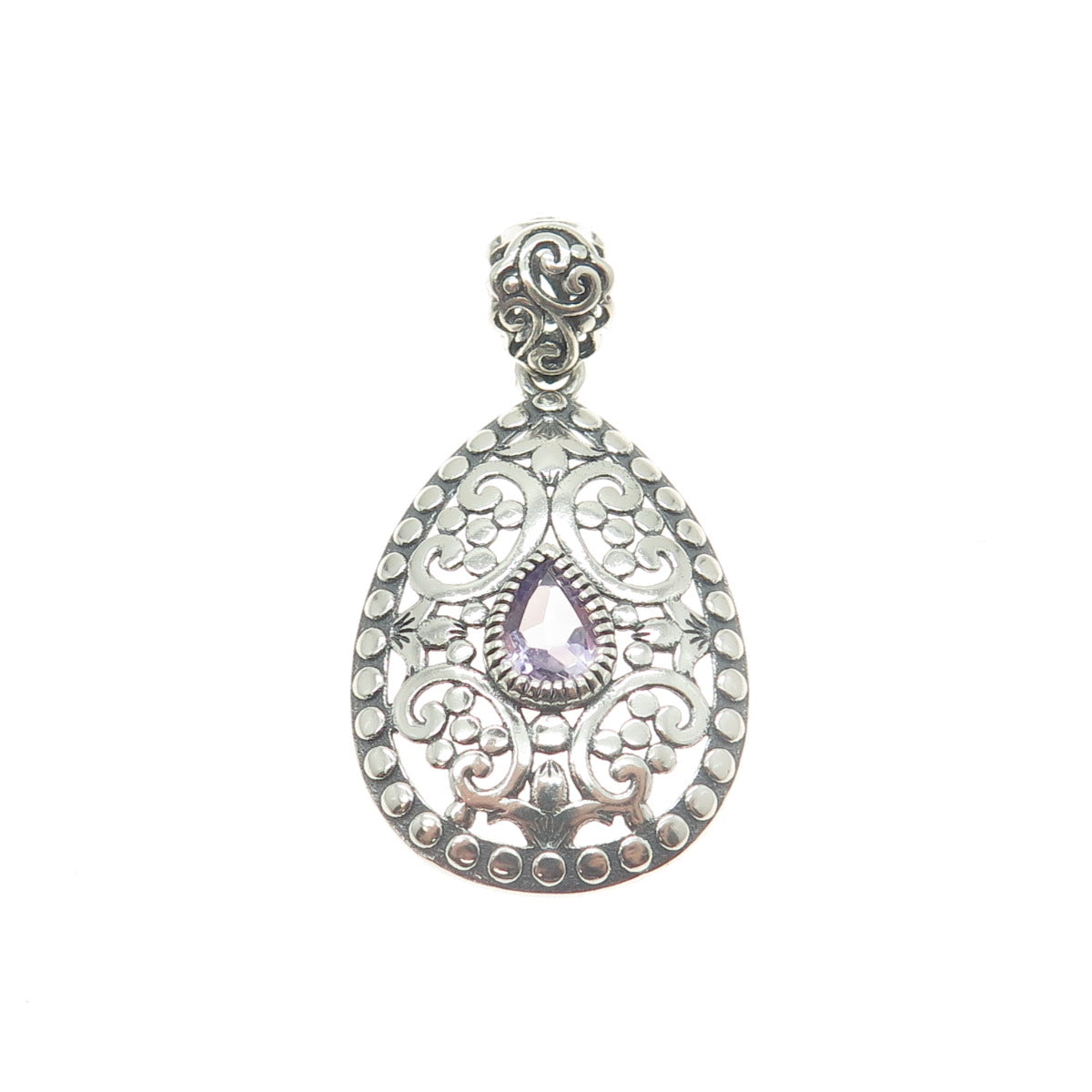 BERIA 925 Sterling Silver Pear-Cut Amethyst Ornate Teardrop Pendant