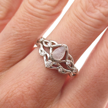 925 Sterling Silver Vintage Real Moonstone & C Z Oxidized Ring Size 9.25