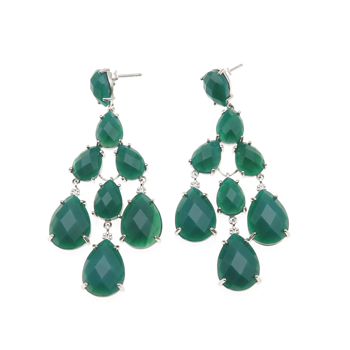 925 Sterling Silver Real Pear-Cut Green Onyx Chandelier Dangle Earrings
