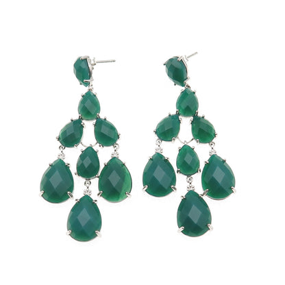 925 Sterling Silver Real Pear-Cut Green Onyx Chandelier Dangle Earrings
