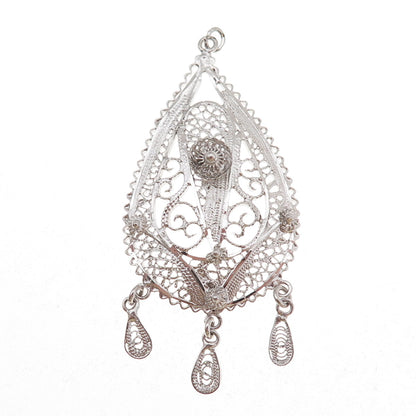 Van Lou Sterling Silver Antique Art Deco Cannetille Filigree Teardrop Pendant