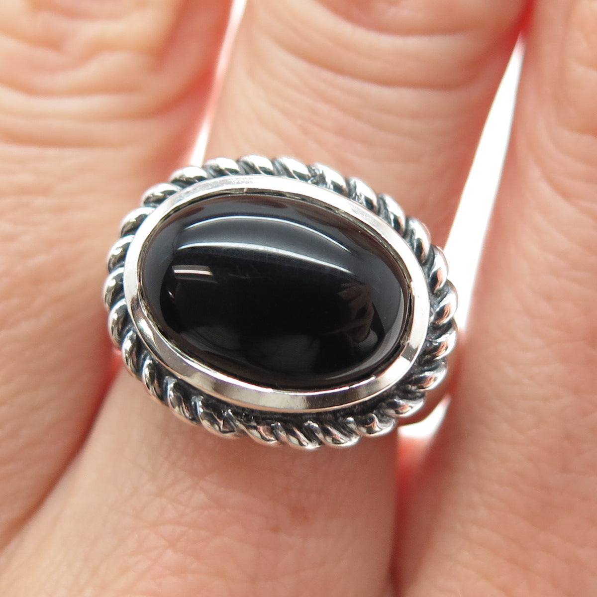 925 Sterling Silver Vintage Real Cabochon Black Onyx Oxidized Ring Size 7.25