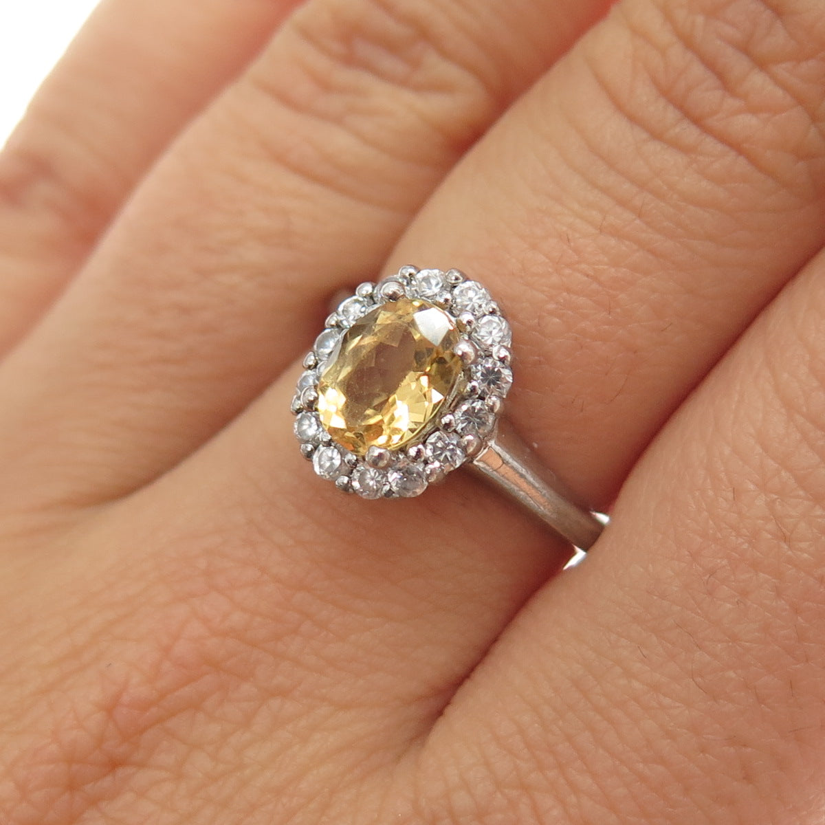 925 Sterling Silver Real Oval-Cut Citrine & C Z Ring Size 7.25