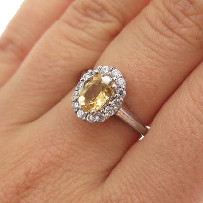 925 Sterling Silver Real Oval-Cut Citrine & C Z Ring Size 7.25