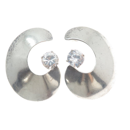 925 Sterling Silver Vintage Round-Cut Shaped C Z Crescent Moon Earrings
