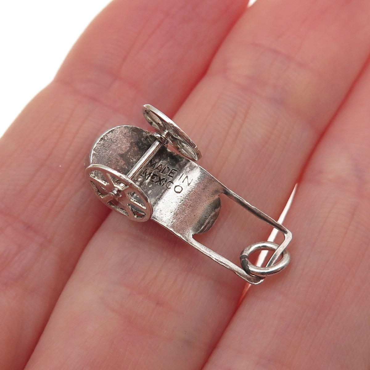 925 Sterling Silver Vintage Mexico Baby Carriage Oxidized 3D Mini Charm Pendant