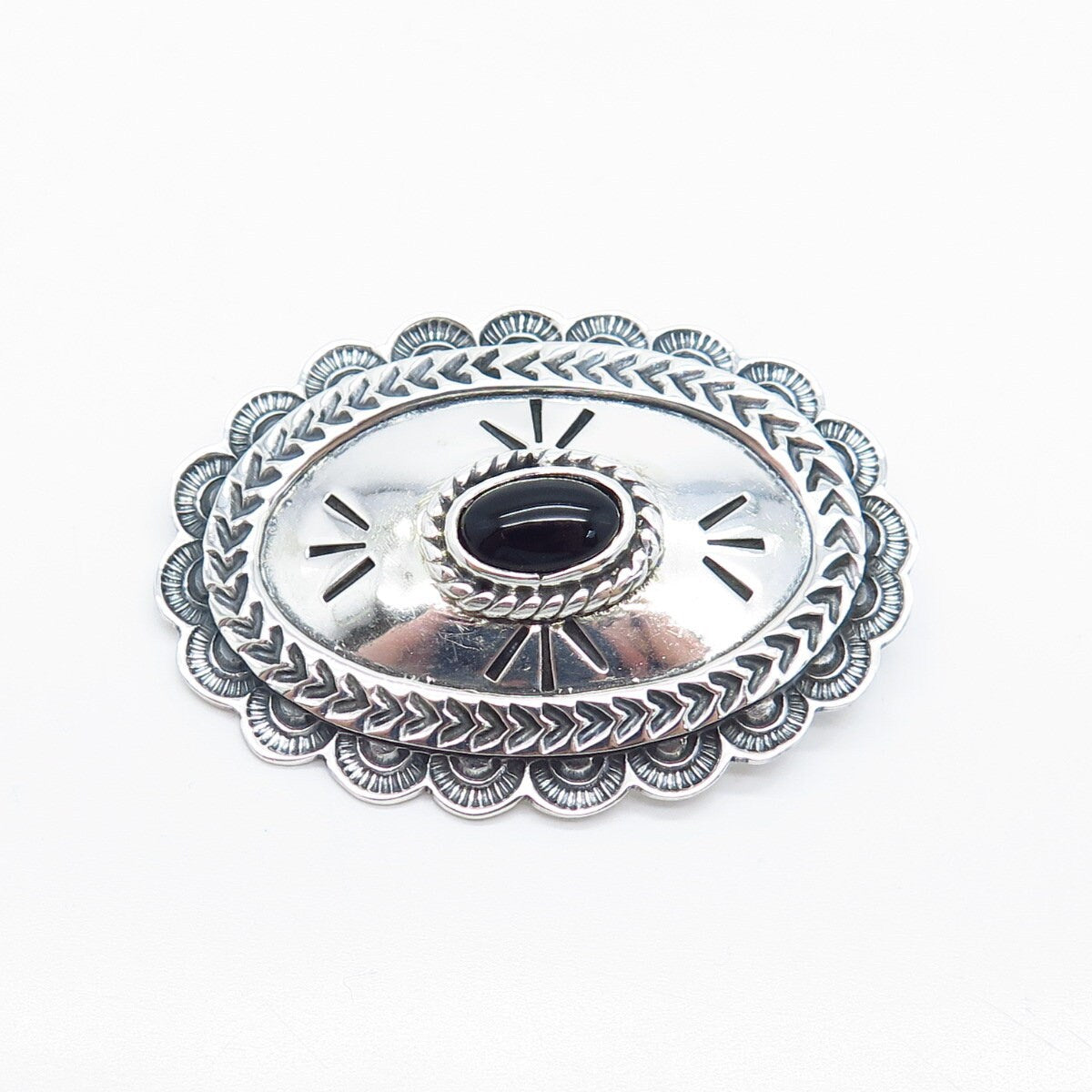 925 Sterling Silver Vintage Mexico Real Black Onyx Gemstone Ornate Pin Brooch