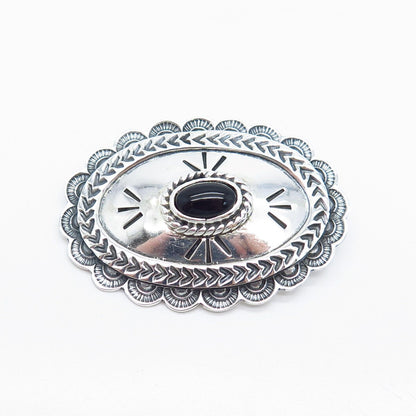 925 Sterling Silver Vintage Mexico Real Black Onyx Gemstone Ornate Pin Brooch