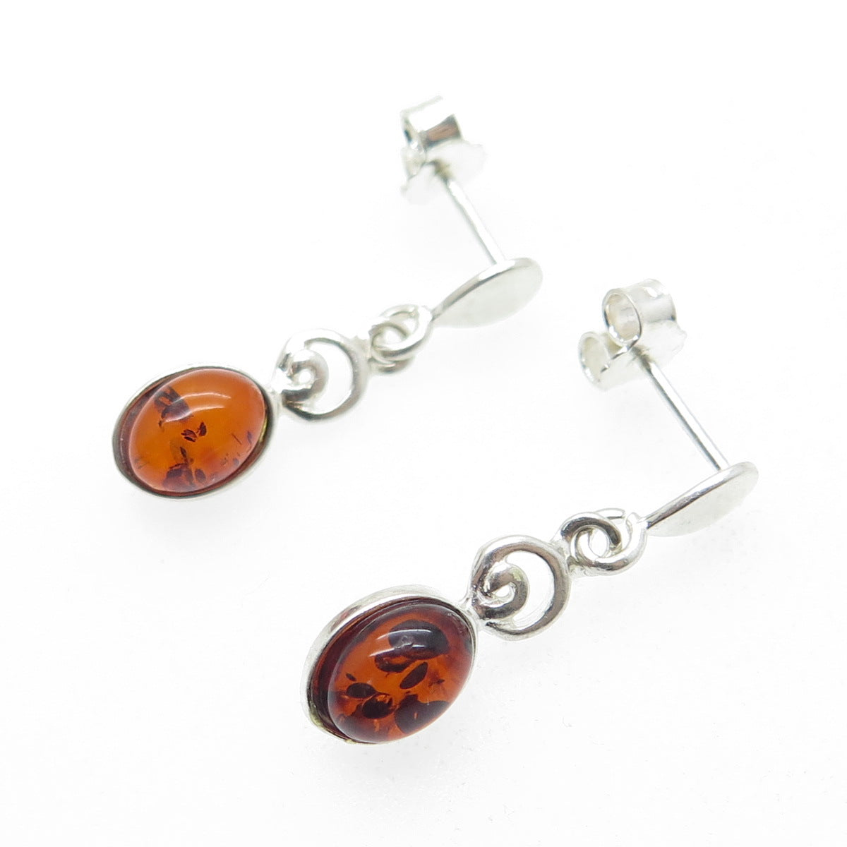 925 Sterling Silver Vintage Real Amber Dangle Earrings