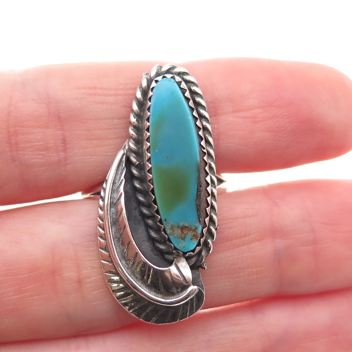 Old Pawn 925 Sterling Silver Vintage Southwestern Turquoise Feather Ring Size 8
