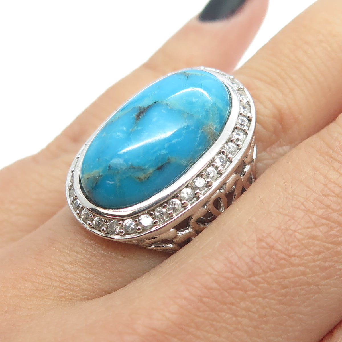 925 Sterling Silver Real Turquoise & White Topaz Ornate Ring Size 6.25