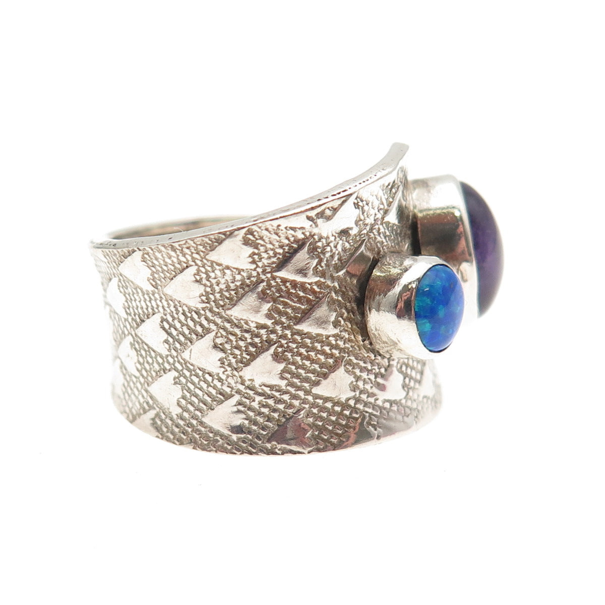 925 Sterling Vintage Real Amethyst & Opal Modernist Adjustable Ring Size 7.5