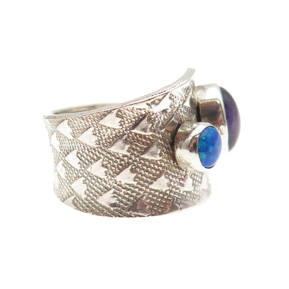 925 Sterling Vintage Real Amethyst & Opal Modernist Adjustable Ring Size 7.5