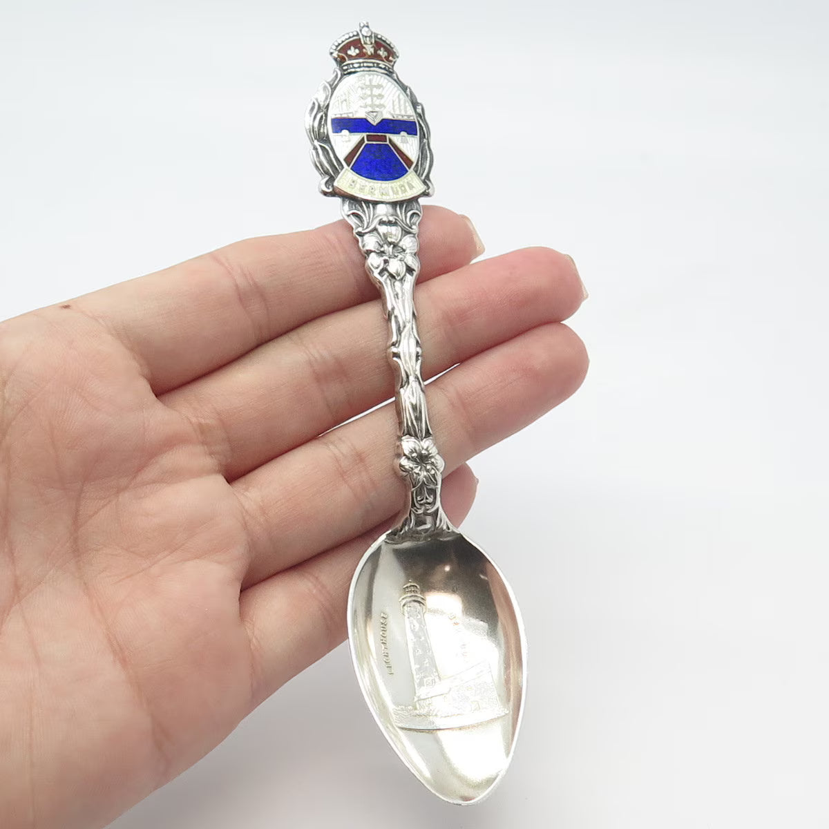 925 Sterling Silver Antique Enamel "Bermuda" Floral Spoon
