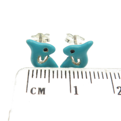 925 Sterling Silver Blue Enamel Shark Stud Earrings