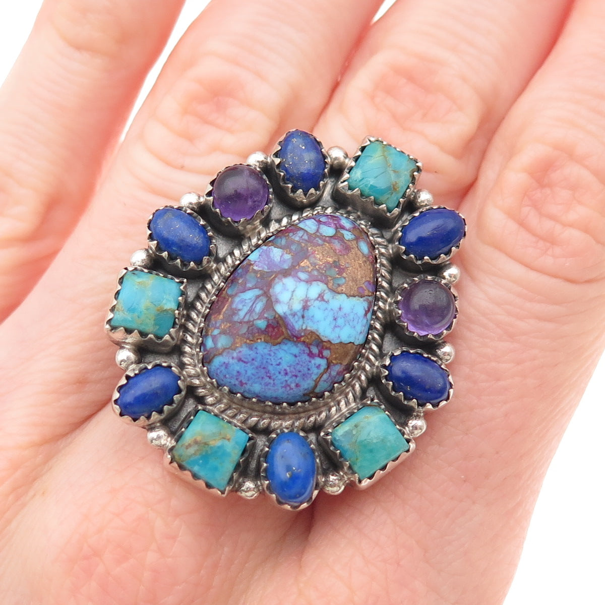 925 Sterling Vintage Mohave Turquoise Amethyst & Lapis Adjustable Ring Size 8.25
