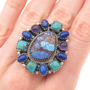 925 Sterling Vintage Mohave Turquoise Amethyst & Lapis Adjustable Ring Size 8.25