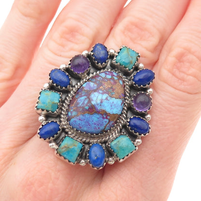 925 Sterling Vintage Mohave Turquoise Amethyst & Lapis Adjustable Ring Size 8.25