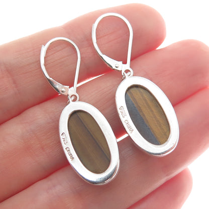 925 Sterling Silver Vintage Real Cabochon Tiger Eye Dangle Earrings