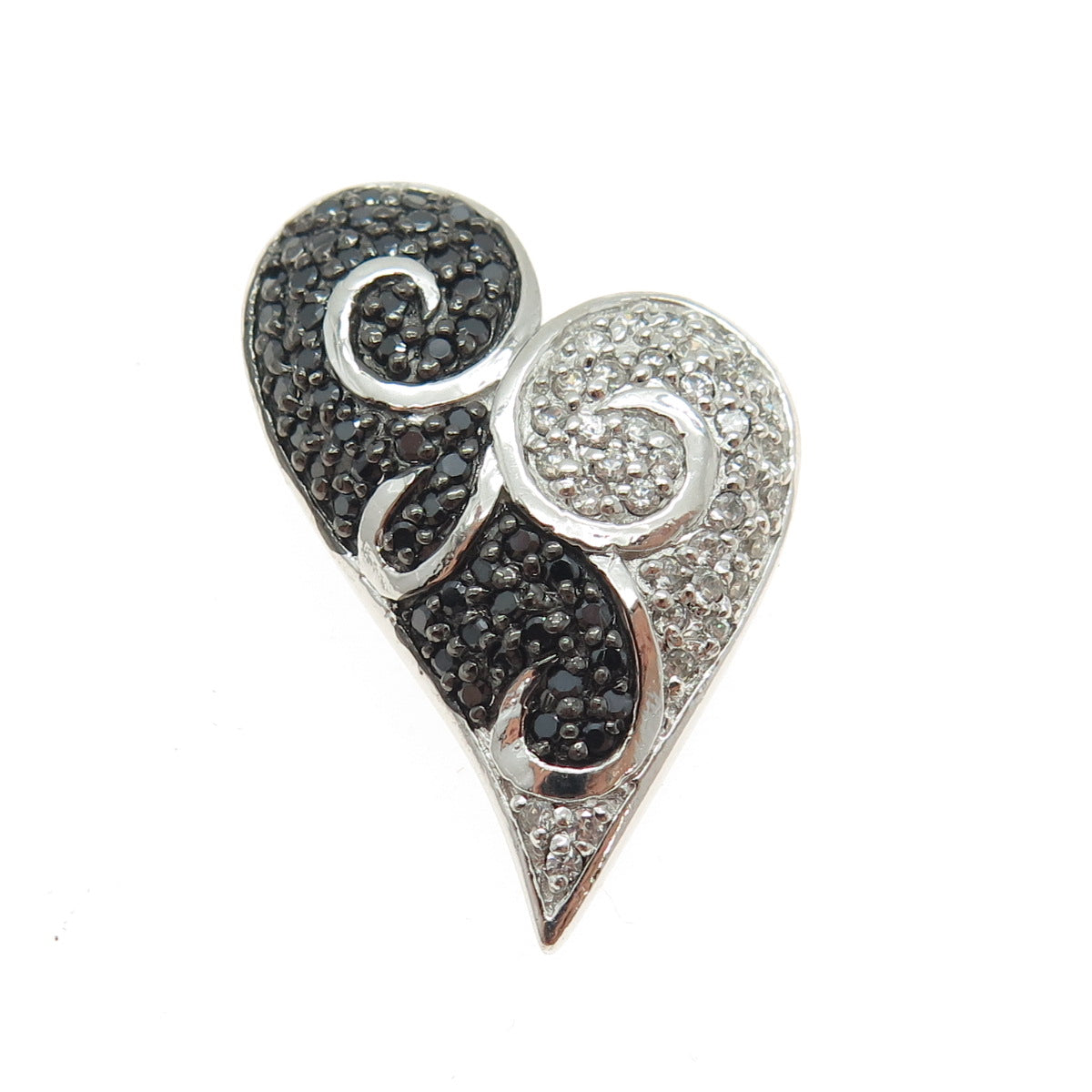 925 Sterling Silver Real Black Spinel & C Z Modernist Heart Slide Pendant