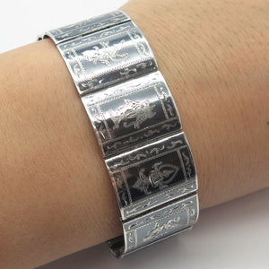 925 Sterling Silver Vintage Niello Hindu Goddess Panel Link Bracelet 6.5"