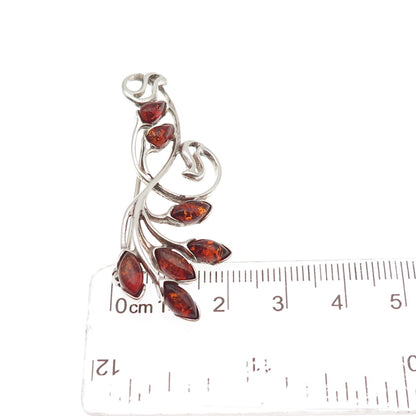 925 Sterling Silver Vintage Real Amber Modernist Floral Oxidized Pin Brooch