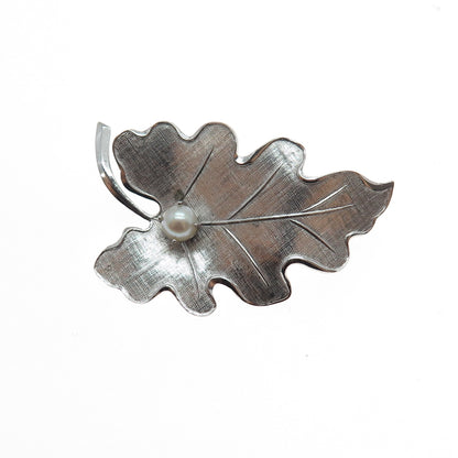 CARL ART 925 Sterling Silver Antique Art Deco Real Pearl Oak Leaf Pin Brooch