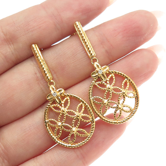 925 Sterling Silver Gold Plated Real Round-Cut Diamond Floral Drop Earrings