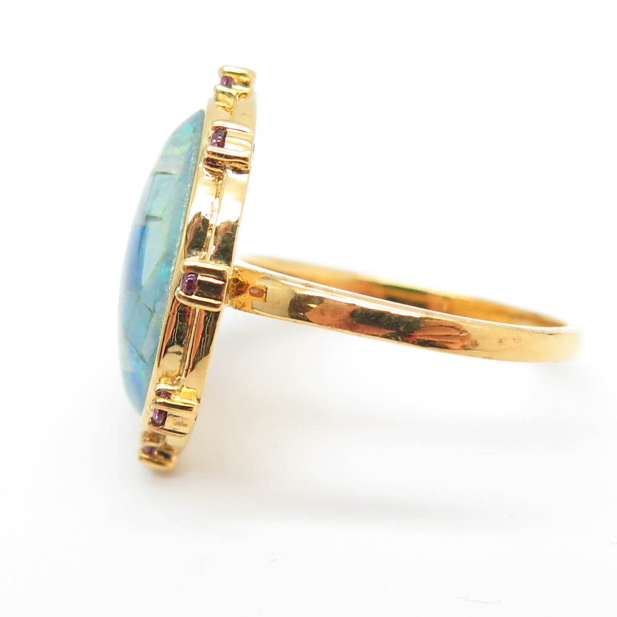 925 Sterling Silver Gold Plated Real Opal Inlay & Amethyst Ring Size 9.75