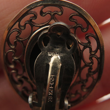 WINARD 1/20 12K Gold Filled Vintage Real Jade Filigree Clip On Earrings